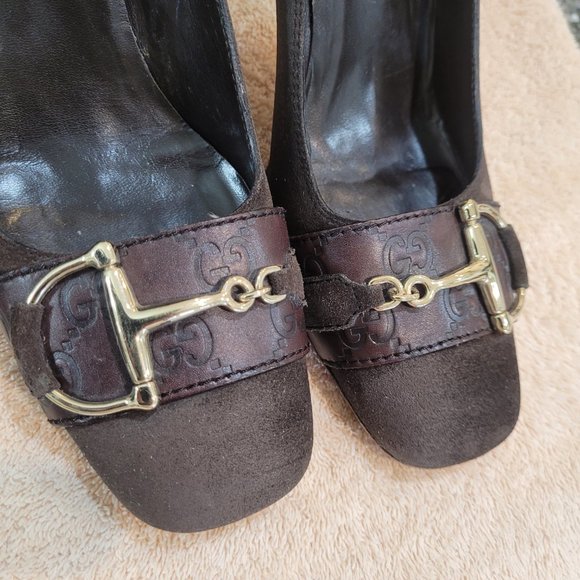GUCCI GG MONOGRAM LEATHER & SUESE HEELED SHOES  BROWN FIT LIKE 8-8.5 - Picture 10 of 12